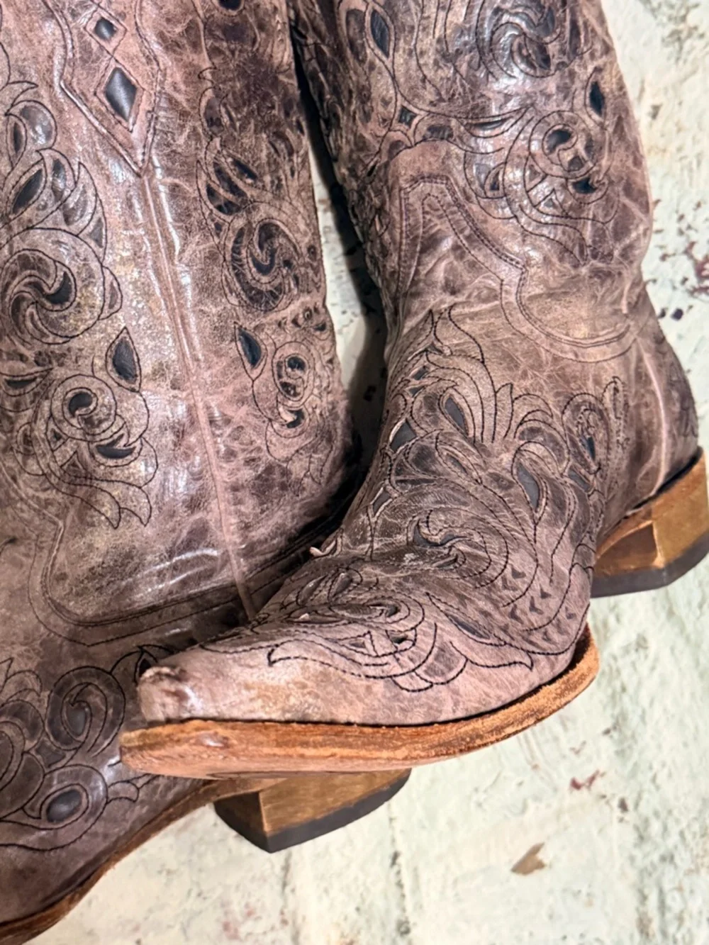Size 14  “Rare” Corral Vintage Tan Brown Leather Inlay Boots